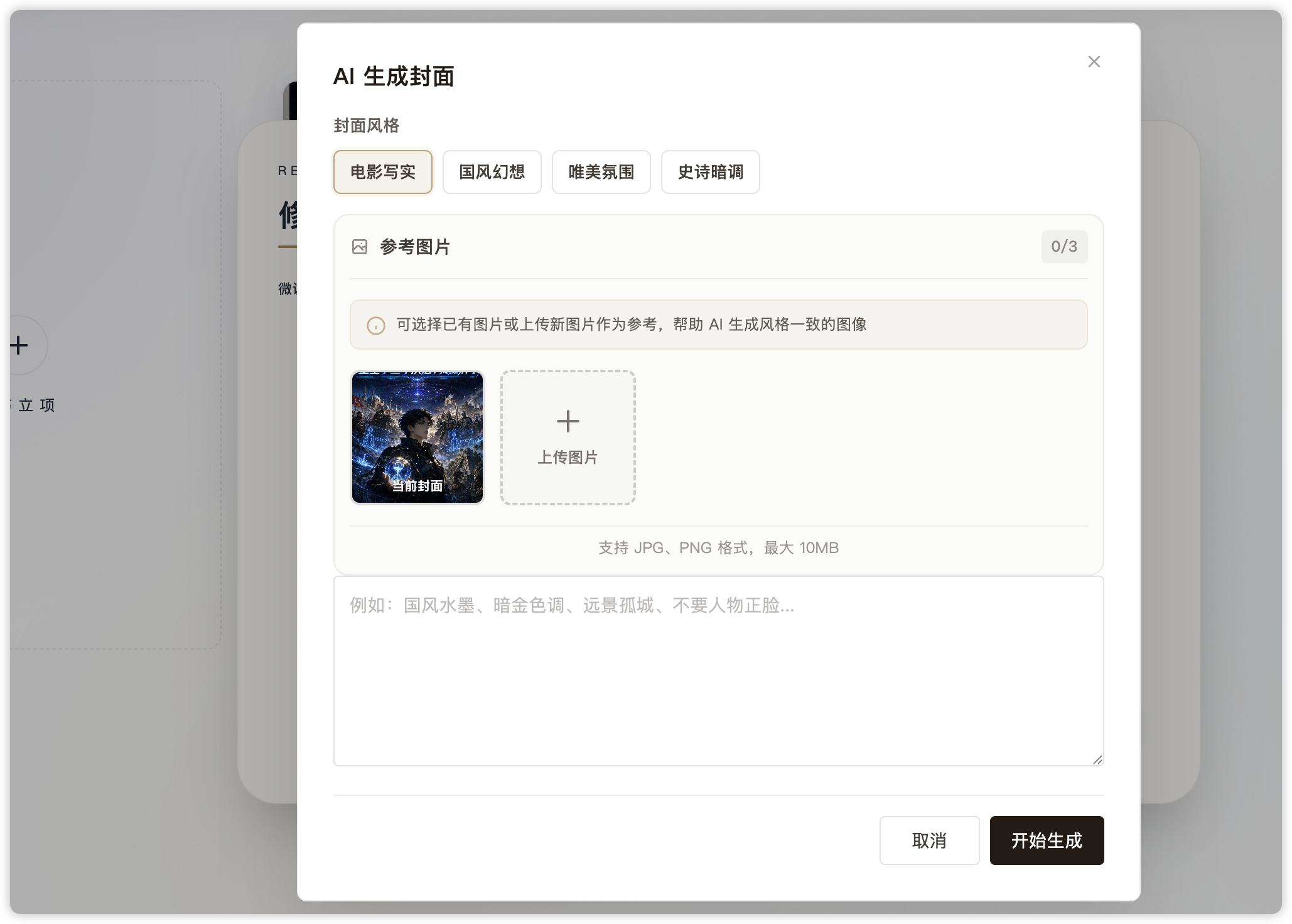 墨灵小说 AI 封面生成界面